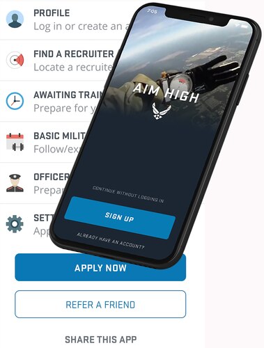 Graphic is a screen shot of the Air Force Recruiting Service’s Aim High mobile application