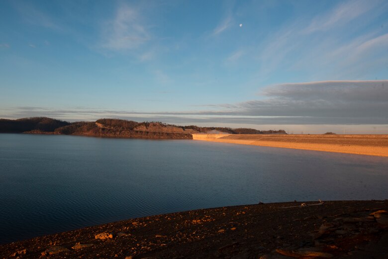Wolf Creek Dam at Cumberland River mile 460.9 in Jamestown, Kentucky, forms Lake Cumberland. The U.S. Army Corps of Engineers Nashville District operates and maintains the project, which provides enormous flood risk management benefits. The dam is seen here the early morning of Jan. 10, 2023. (USACE Photo by Lee Roberts)