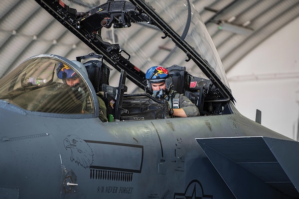 Air Force aircrew assigned to 492nd Fighter Squadron at Royal Air Force Lakenheath, England, perform preflight checks before forward deploying to Łask Air Base, Poland, to support North Atlantic Treaty Organization air shielding efforts, August 5, 2022 (U.S. Air Force/Seleena Muhammad-Ali)