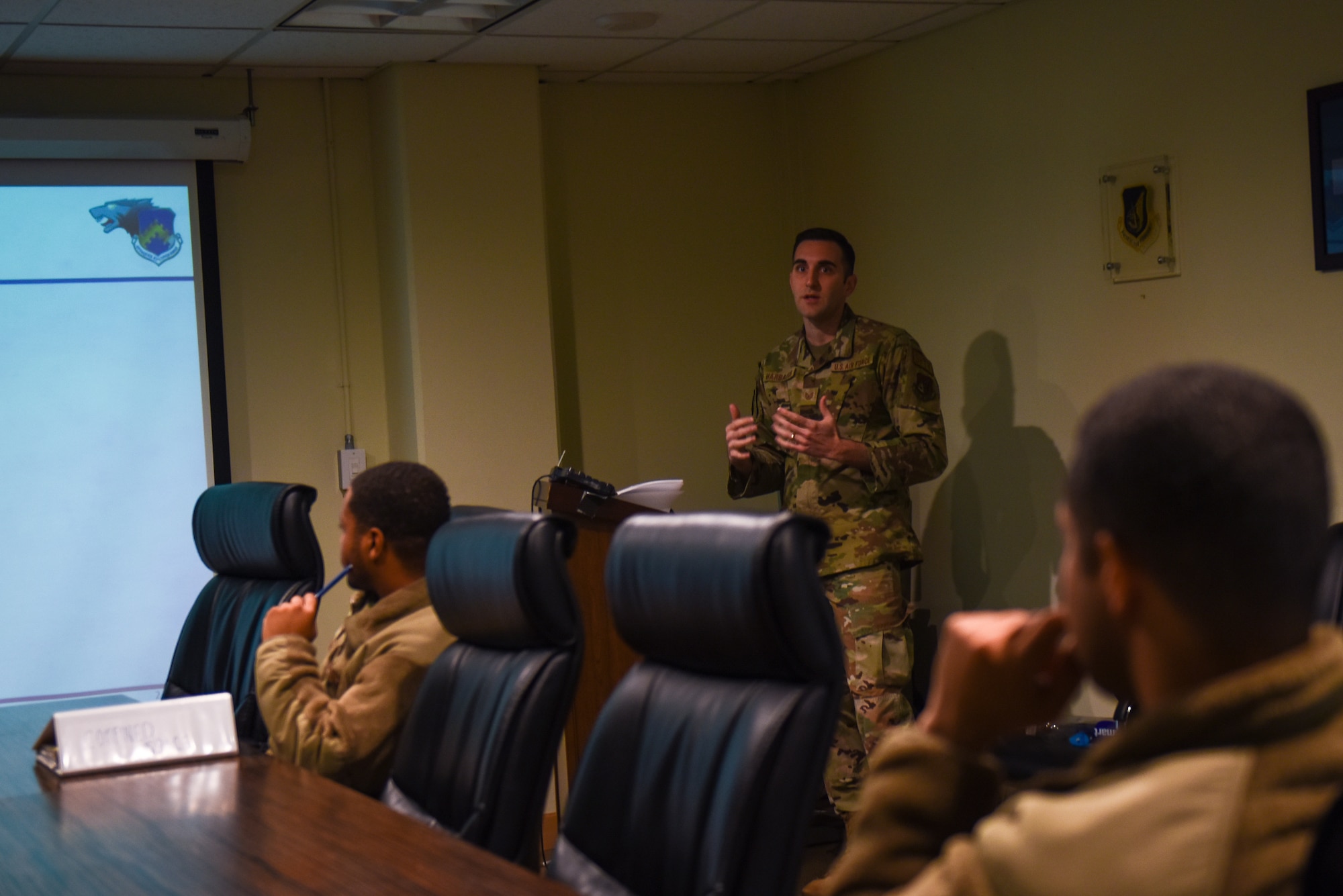 Tech. Sgt. David Harbaugh, 8th Fighter Wing occupational safety manager, leads a safety briefing on Kunsan Air Base, Republic of Korea, Jan. 12, 2023. Harbaugh was recently selected to attend Officer Training School for his hard work and dedication to both the Kunsan and Vance Air Force Base, Okla. missions. (U.S. Air Force photo by Tech. Sgt. Timothy Dischinat).