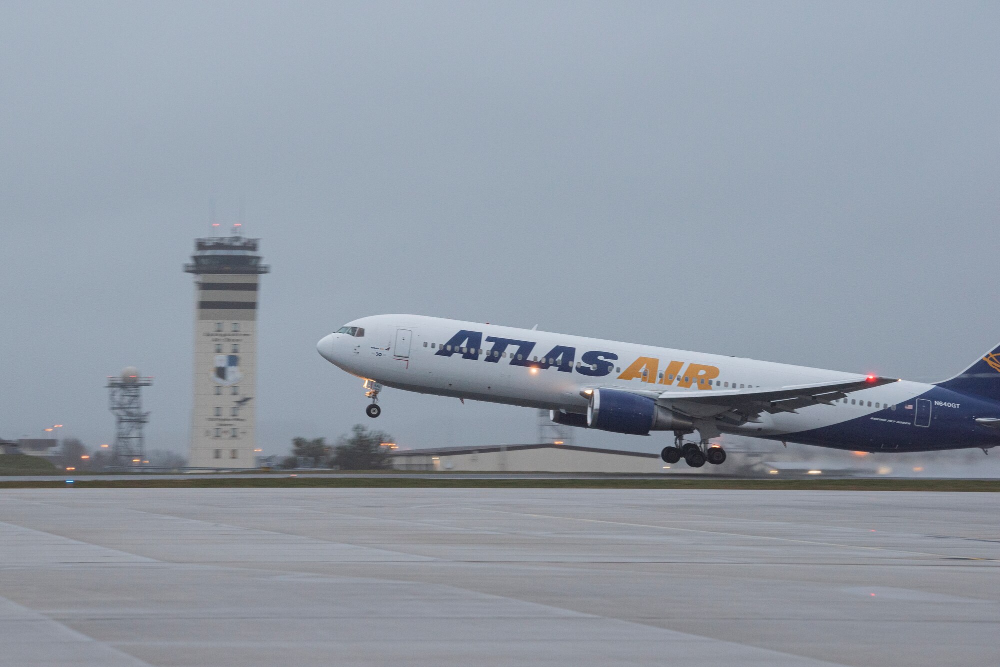 A Boeing 767 takes off from Spangdahlem Air Base, Germany.