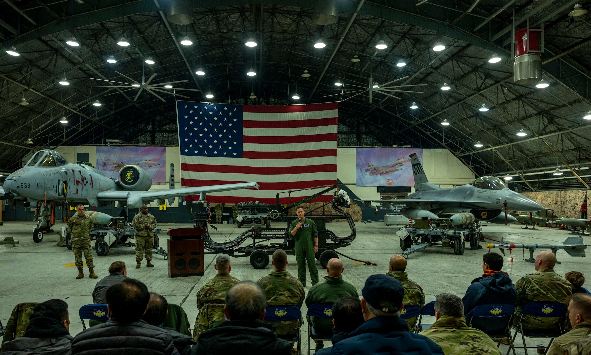 U.S. Air Force Col. Joshua Wood, 51st Fighter Wing commander, shares a few words about Staff Sgt. Tyrell Harris during a renaming ceremony Osan Air Base, Republic of Korea, Jan. 12, 2023.
