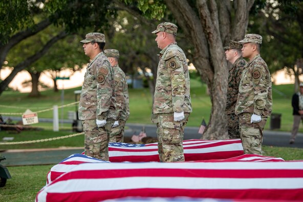 Members of the Defense POW/MIA Accounting Agency (DPAA) participate in a disinterment ceremony at the National Memorial Cemetery of the Pacific, Honolulu, Hawaii, Jan. 9, 2023. The ceremony was part of DPAA’s efforts to disinter the remains of service members lost on the Enoura Maru, a Japanese cargo ship used by the Imperial Japanese Navy during World War II as a troop and prisoner of war transport ship. DPAA’s mission is to achieve the fullest possible accounting for missing and unaccounted-for U.S. personnel to their families and the nation. (U.S. Army photo by Staff Sgt. John Miller)