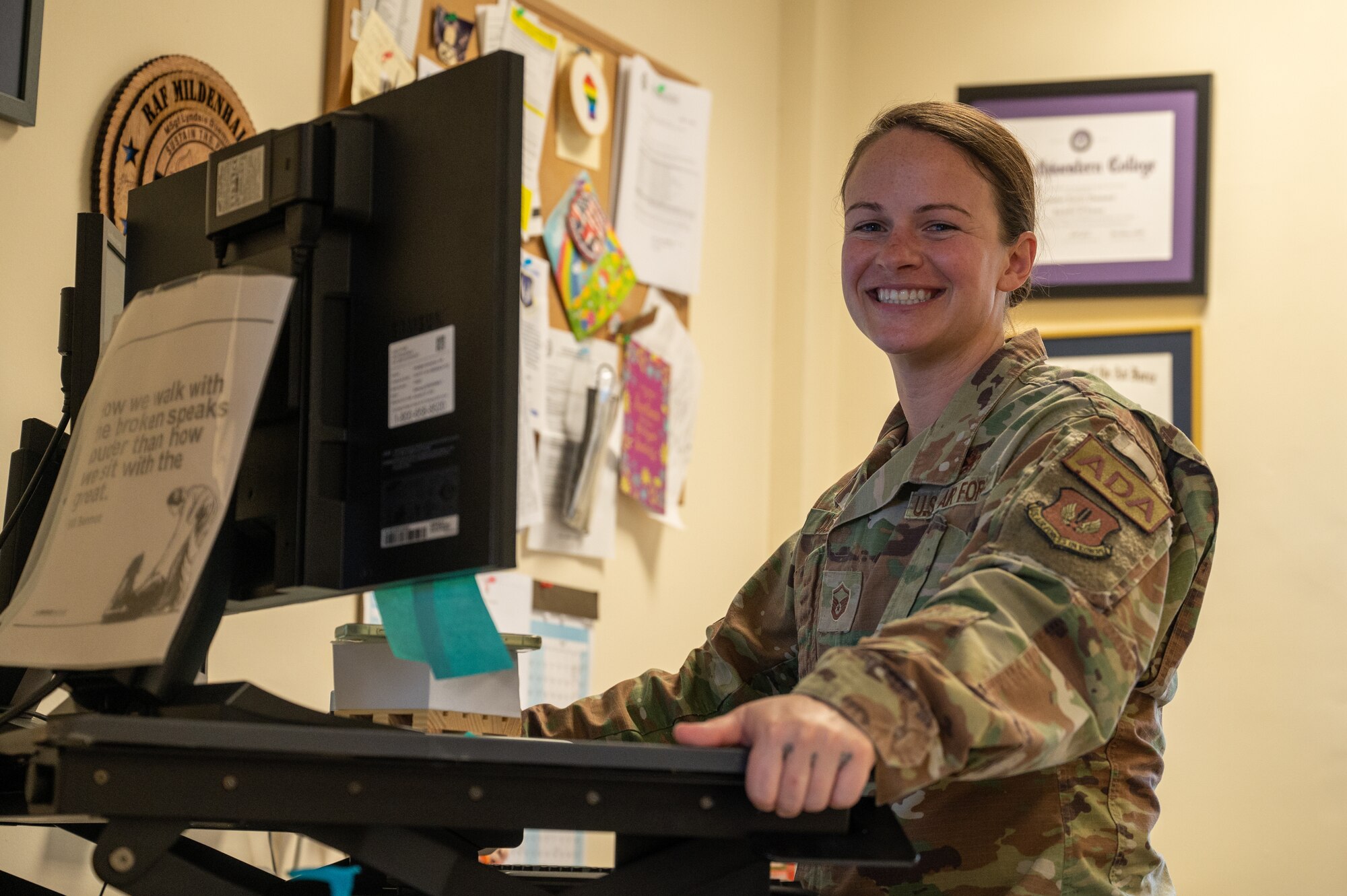 U.S. Air Force Master Sgt. Lyndsie Duemmel, 100th Air Refueling Wing Airmen development advisor, oversees the operations at the Dewey R. Christopher Professional Development Center, Jan. 11, 2023, at Royal Air Force Mildenhall, England.