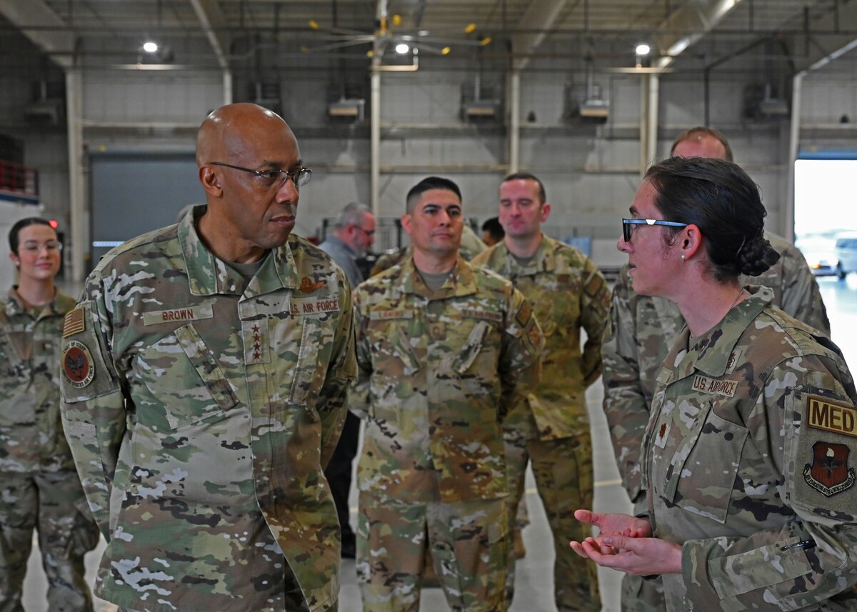 Air Force Chief of Staff Gen. CQ Brown, Jr. discusses the monitoring of student health with Maj. Anastasia Maletz, 17th Operational Medical Readiness Squadron preventative medicine technician, at the Louis F. Garland Department of Defense Fire Academy, Goodfellow Air Force Base, Texas, Dec. 12, 2022. The 312th Training Squadron has embraced the spirit of accelerating change with the implementation of a human performance program, a system designed to maximize student health and fitness as they undergo fire protection training. Brown’s visit to Goodfellow also included a mission brief and all-call with the 17th Training Wing, a small-group lunch with Airmen, and a discussion of ongoing community partnership initiatives. (U.S. Air Force photo by Airman 1st Class Zachary Heimbuch)