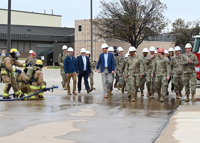 Air Force Chief of Staff Gen. CQ Brown, Jr. tours the Louis F. Garland Department of Defense Fire Academy training pad during a visit to Goodfellow Air Force Base, Texas, Dec. 12, 2022. Goodfellow hosts training for all DoD fire protection professionals and works with the local San Angelo Fire Department to complete their annual Airport Rescue Fire Fighting certification training. Brown’s visit to Goodfellow also included a mission brief and all-call with the 17th Training Wing, a small-group lunch with Airmen, and a discussion of ongoing community partnership initiatives. (U.S. Air Force photo by Airman 1st Class Zachary Heimbuch)