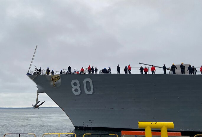 The Arleigh Burke-class guided missile destroyer USS Roosevelt (DDG 80) arrives in Tallinn, Estonia for a regularly scheduled port visit, Jan. 17, 2023. Roosevelt is on a scheduled deployment in the U.S. Naval Forces Europe area of operations, employed by U.S. Sixth Fleet to defend U.S., allied and partner interests.