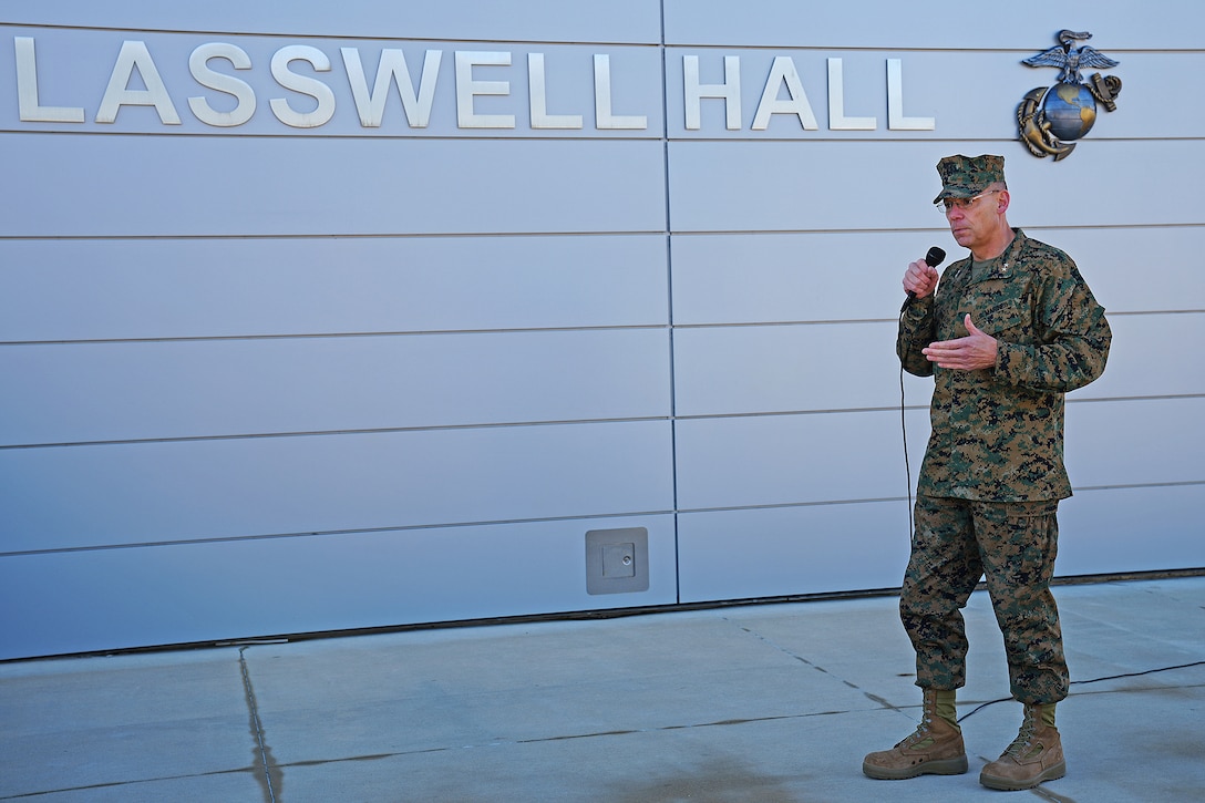 Marine Maj. Gen. Ryan P. Heritage, Commander of Marine Forces Cyber, speaks at the uncasing of the flag of the Marine Corps Information Command, in a ceremony held at Ft. George G. Meade on 13 January, 2023. The MCIC is comprised of a Headquarters, the Marine Cryptologic Office, and two Major Subordinate Commands; the Marine Corps Information Operations Center and Marine Cryptologic Support Battalion.