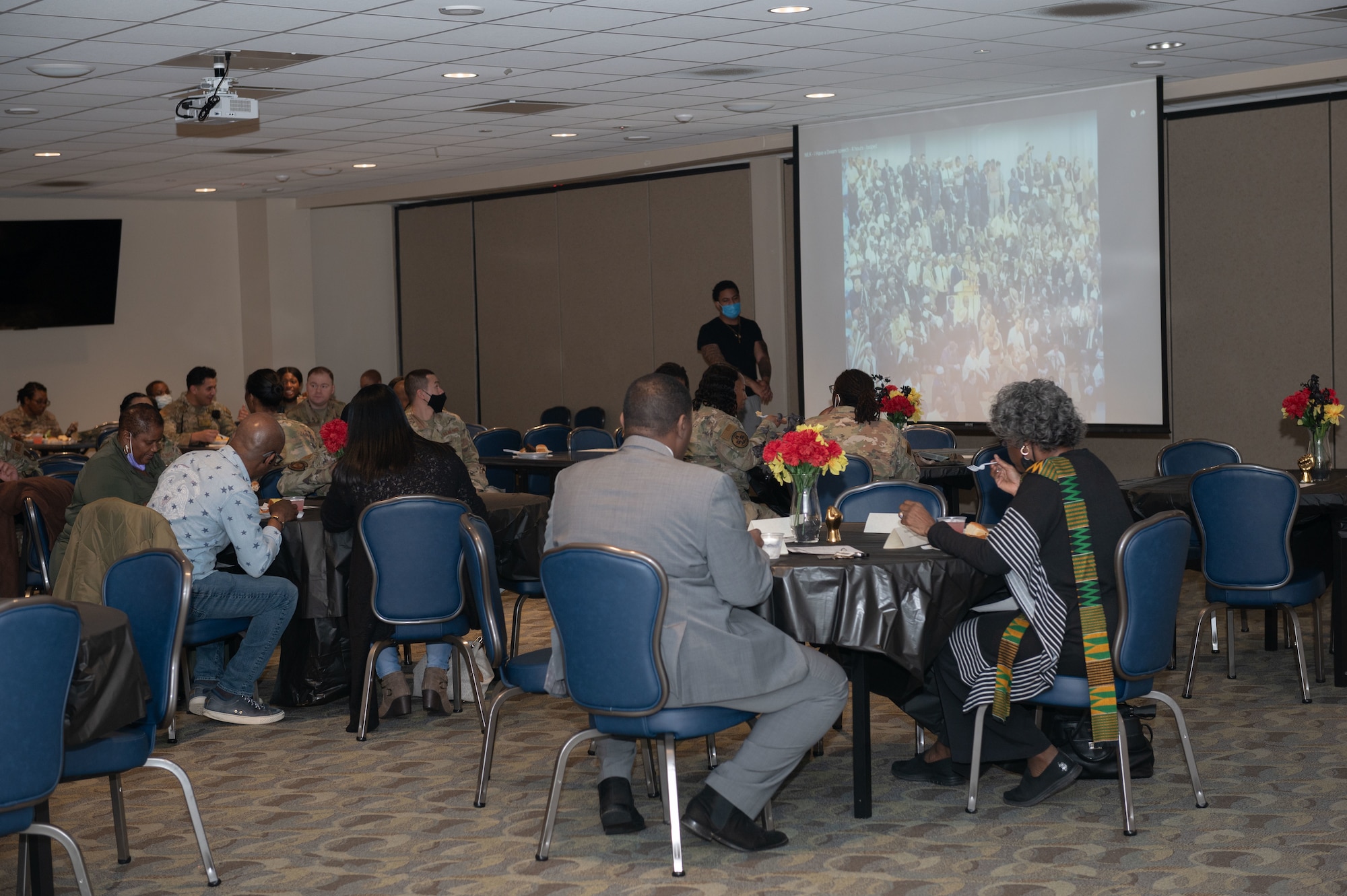 Airmen from the 4th Fighter Wing and members of the Goldsboro community attend a Martin Luther King Jr. luncheon at Seymour Johnson Air Force Base, North Carolina, Jan. 13, 2023. The African American Heritage Committee hosted the luncheon and the theme was “Remember! Celebrate! Act! A Day On, Not A Day Off!” (U.S. Air Force photo by Airman 1st Class Rebecca Sirimarco-Lang)