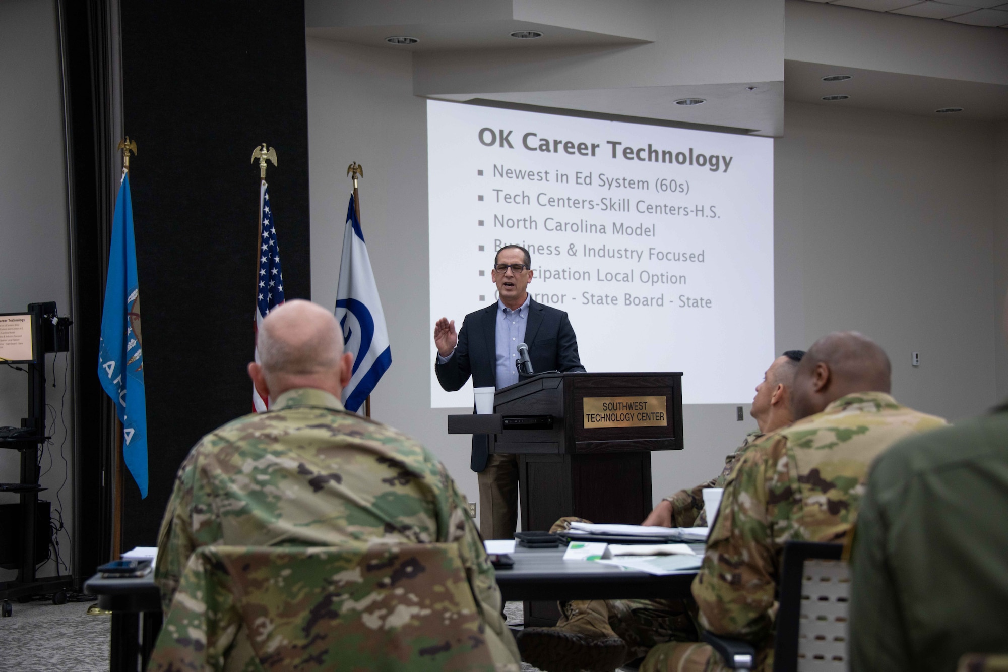 Dale Latham, superintendent of Southwest Technology Center, outlines SWTC’s accomplishments to senior leaders from across Altus Air Force Base, Oklahoma, Jan. 11, 2023.The partnership between SWTC and AAFB has been going strong since the “Grow Your Own Mechanic” program was created in 1999. (U.S. Air Force photo by Airman 1st Class Kari Degraffenreed)
