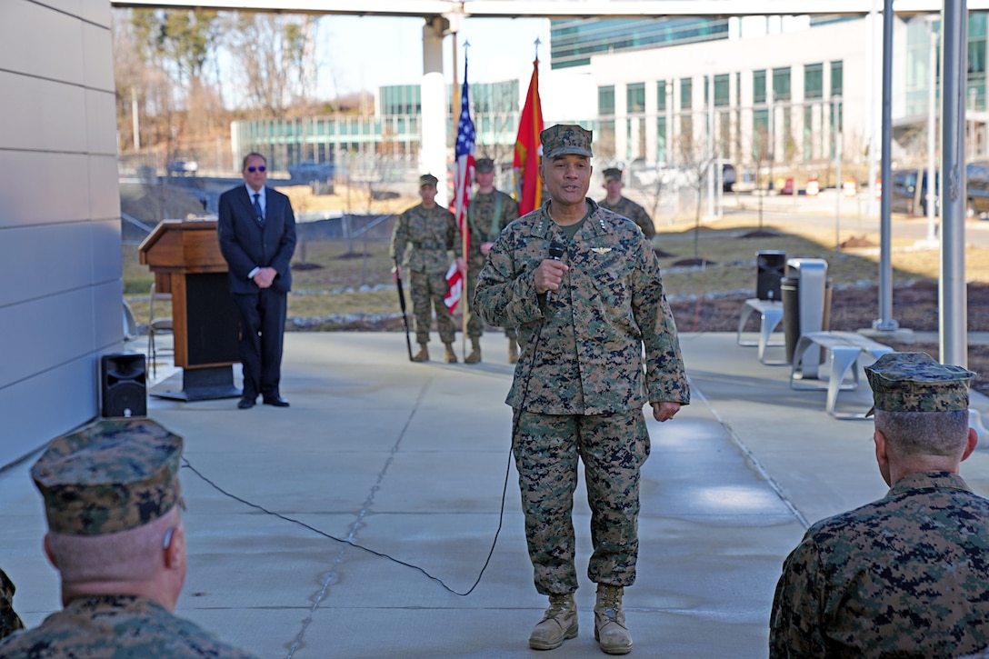 Marine Lt. Gen. Brian W. Cavanaugh, Commanding General, Fleet Marine Force Atlantic; Commander, Marine Forces Command; and Commander, Marine Forces Northern Command, speaks at the uncasing of the flag of the Marine Corps Information Command, in a ceremony held at Ft. George G. Meade on 13 January, 2023. The MCIC is comprised of a Headquarters, the Marine Cryptologic Office, and two Major Subordinate Commands; the Marine Corps Information Operations Center and Marine Cryptologic Support Battalion.