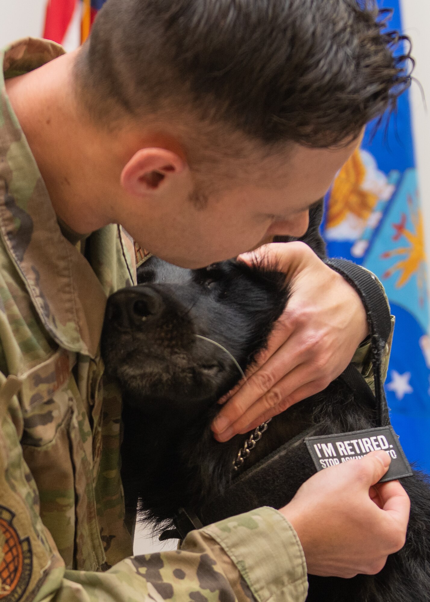 A man in a green uniform places a badge on a black dog.