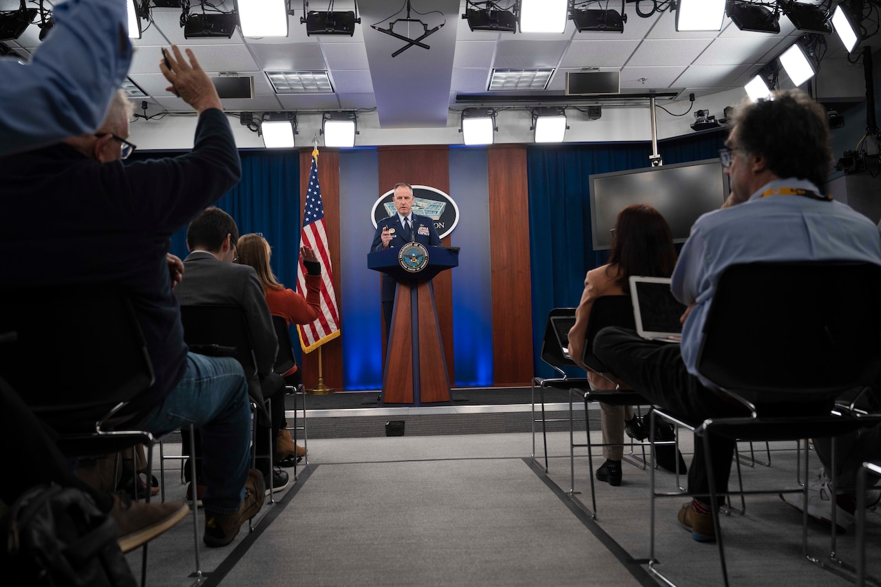 Pentagon Spokesman Air Force Brig. Gen. Pat Ryder speaks to reporters from a lectern.