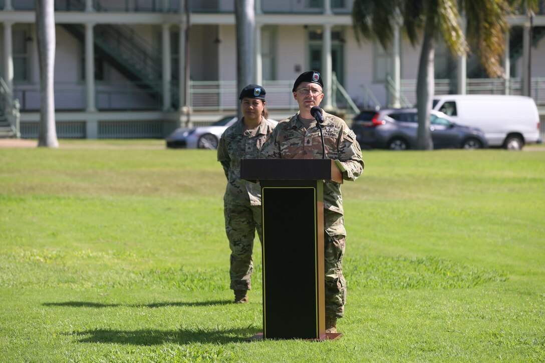 FORT SHAFTER, Hawaii - U.S. Army Pacific bid farewell to Command Sgt. Maj. Jason J. Fillmore, U.S. Army Pacific Headquarters and Headquarters Battalion command sergeant major, and welcomed Command Sgt. Maj. Brian D. Seager, during a Change of Responsibility ceremony on Historic Palm Circle, here, Jan. 11.