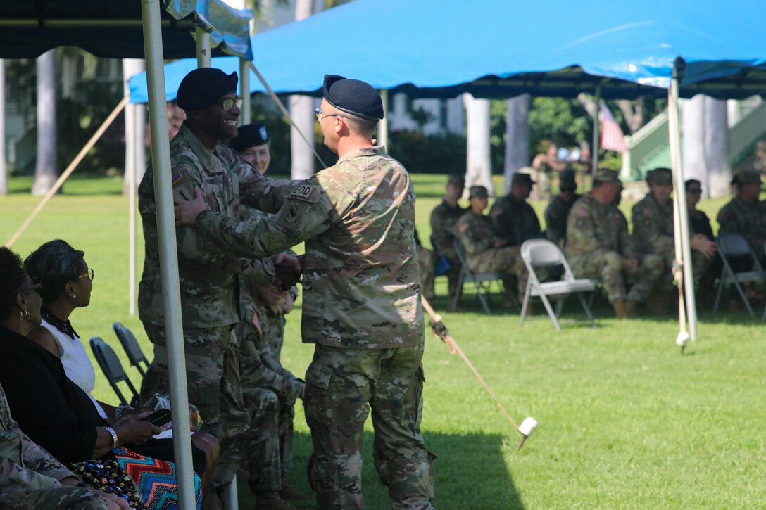 FORT SHAFTER, Hawaii - U.S. Army Pacific bid farewell to Command Sgt. Maj. Jason J. Fillmore, U.S. Army Pacific Headquarters and Headquarters Battalion command sergeant major, and welcomed Command Sgt. Maj. Brian D. Seager, during a Change of Responsibility ceremony on Historic Palm Circle, here, Jan. 11.