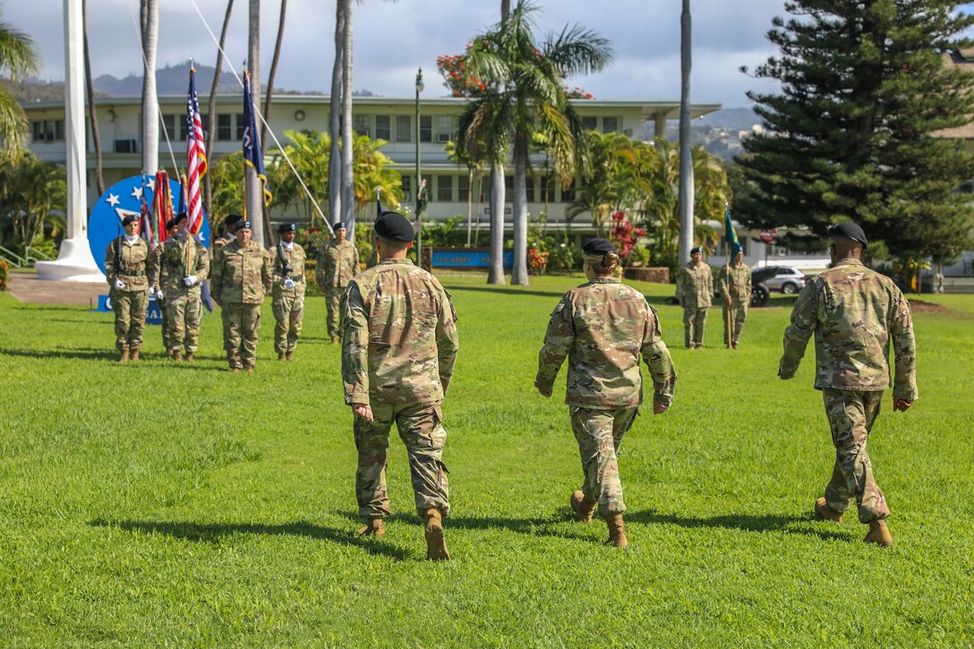 FORT SHAFTER, Hawaii - U.S. Army Pacific bid farewell to Command Sgt. Maj. Jason J. Fillmore, U.S. Army Pacific Headquarters and Headquarters Battalion command sergeant major, and welcomed Command Sgt. Maj. Brian D. Seager, during a Change of Responsibility ceremony on Historic Palm Circle, here, Jan. 11.