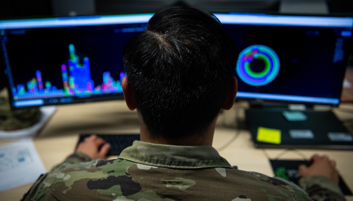 Staff Sgt. Marj Alfaro, 52nd Communications Squadron mission defense team supervisor, performs network analysis during exercise Tacet Venari at Ramstein Air Base, Germany, May 17, 2022. Tacet Venari is a two-week cyber exercise that provides Airmen the opportunity to identify, detect and respond to cyber threats. The hands-on experience the exercise provides prepares Airmen for real-world cyber threat scenarios. (U.S. Air Force photo by Airman 1st Class Jared Lovett)