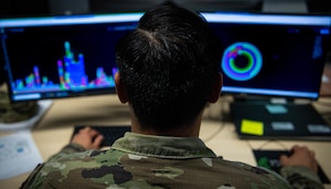 Staff Sgt. Marj Alfaro, 52nd Communications Squadron mission defense team supervisor, performs network analysis during exercise Tacet Venari at Ramstein Air Base, Germany, May 17, 2022. Tacet Venari is a two-week cyber exercise that provides Airmen the opportunity to identify, detect and respond to cyber threats. The hands-on experience the exercise provides prepares Airmen for real-world cyber threat scenarios. (U.S. Air Force photo by Airman 1st Class Jared Lovett)