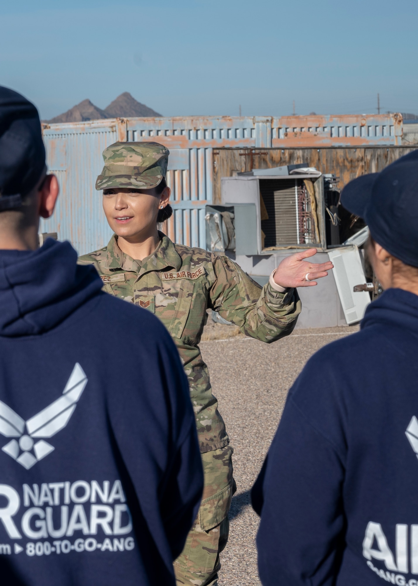 Staff Sgt. Judith Lopez, a 162nd Wing production recruiter, briefs the student flight on customs and courtesies. Lopez assists in leading student flight while the members await a date for basic training. (U.S. Air National Guard photo by Tech. Sgt. George Keck)