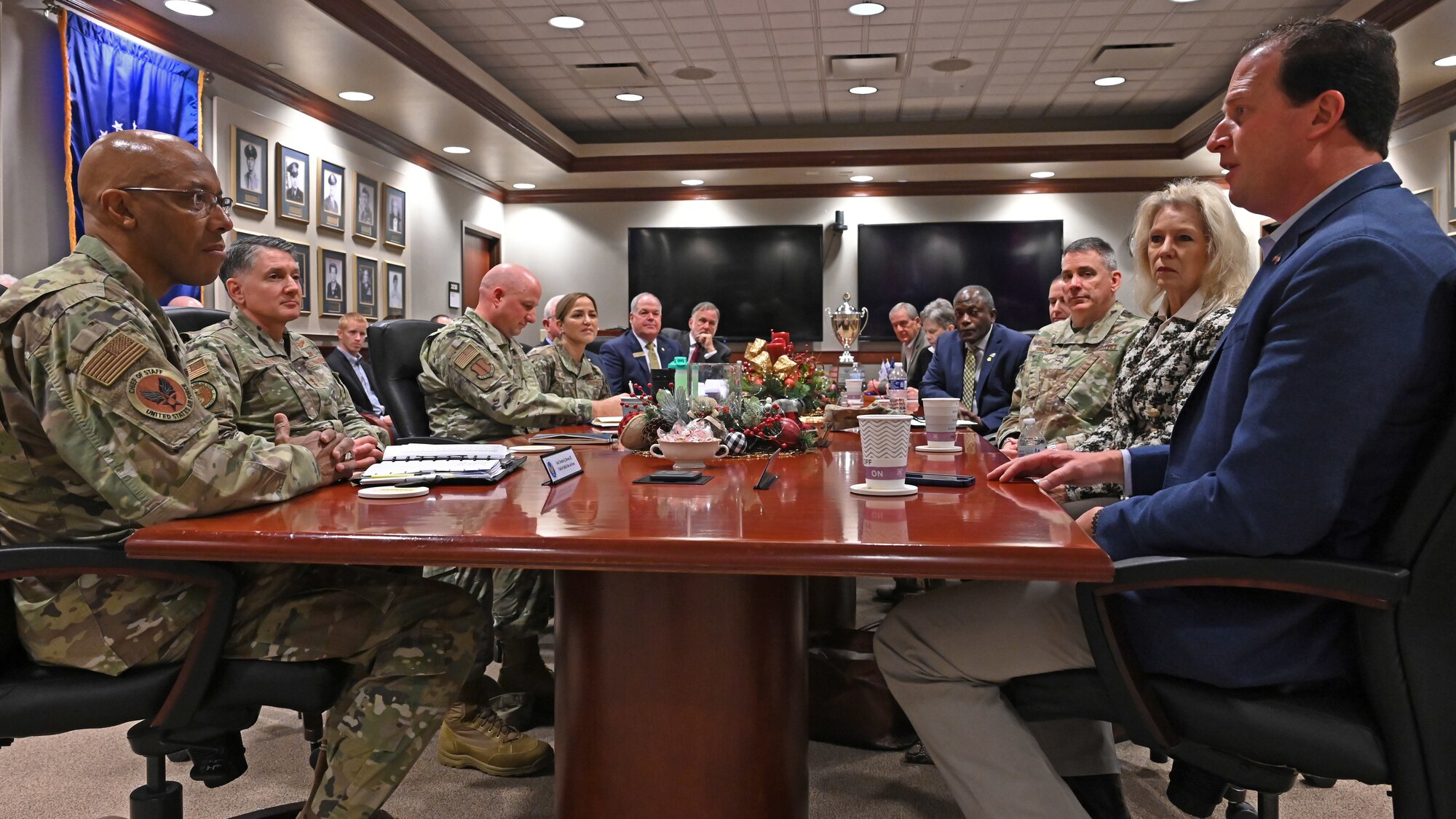 Air Force Chief of Staff Gen. CQ Brown, Jr. meets with civic leaders at the Norma Brown building, Goodfellow Air Force Base, Texas, Dec. 12, 2022. While touring Goodfellow, Brown discussed innovations in technical training, community partnerships, and how to outperform adversaries in future fights. (U.S. Air Force photo by Airman 1st Class Zachary Heimbuch)