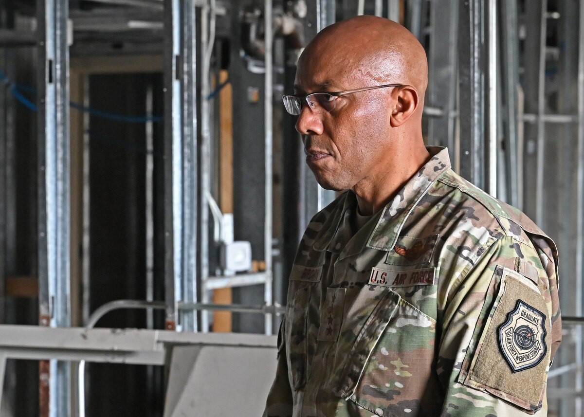 Air Force Chief of Staff Gen. CQ Brown, Jr. tours a student dorm slated for renovations during a visit to Goodfellow Air Force Base, Texas, Dec. 12, 2022, where leaders of the 17th Training Wing discussed challenges with modernizing student housing and improvement opportunities. Brown’s visit to Goodfellow also included a mission brief and all-call with the 17th TRW, a small-group lunch with Airmen, as well as a discussion of ongoing community partnership initiatives, and visits to the Louis F. Garland Fire Academy and Moser-Flynn Hall Intelligence Campus. (U.S. Air Force photo by Airman 1st Class Zachary Heimbuch)