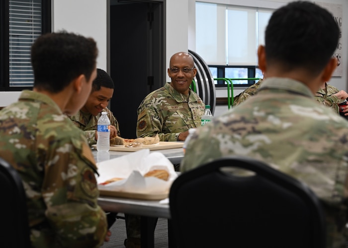 Air Force Chief of Staff Gen. CQ Brown, Jr. meets with Airmen assigned to the 17th Training Wing at the Cressman Dining Facility during a visit to Goodfellow Air Force Base, Texas, Dec. 12, 2022. Among other topics affecting Airmen, Brown discussed the importance of maintaining a support system with loved ones throughout one’s military career. Brown’s visit to Goodfellow included a mission brief and all-call with the 17th TRW, a small-group lunch with Airmen, as well as a discussion of ongoing community partnership initiatives, and visits to the Louis F. Garland Fire Academy and Moser-Flynn Hall Intelligence Campus. (U.S. Air Force photo by Airman 1st Class Zachary Heimbuch)