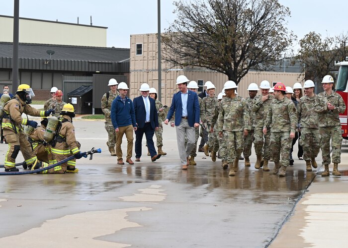 Air Force Chief of Staff Gen. CQ Brown, Jr. tours the Louis F. Garland Department of Defense Fire Academy training pad during a visit to Goodfellow Air Force Base, Texas, Dec. 12, 2022. Goodfellow hosts training for all DoD fire protection professionals and works with the local San Angelo Fire Department to complete their annual Airport Rescue Fire Fighting certification training. Brown’s visit to Goodfellow also included a mission brief and all-call with the 17th Training Wing, a small-group lunch with Airmen, and a discussion of ongoing community partnership initiatives. (U.S. Air Force photo by Airman 1st Class Zachary Heimbuch)
