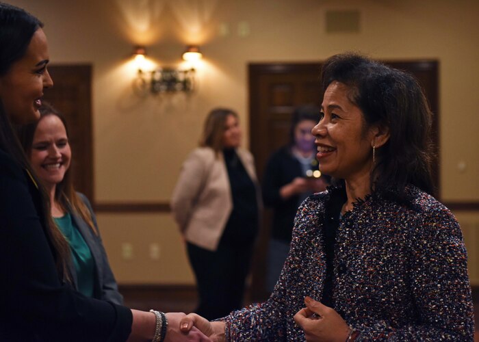 Sharene Brown, spouse of Air Force Chief of Staff Gen. CQ Brown, Jr. meets with the installation’s senior leader spouses during a visit to Goodfellow Air Force Base, Texas, Dec. 12, 2022. Brown also met with local civic leaders to learn more about the mutually-beneficial relationship between Goodfellow and the neighboring community. These discussions covered key quality-of-life areas for military families across the Air Force, including access to housing, healthcare, childcare, education, and spouse employment. (U.S. Air Force photo by Airman 1st Class Sarah Williams)