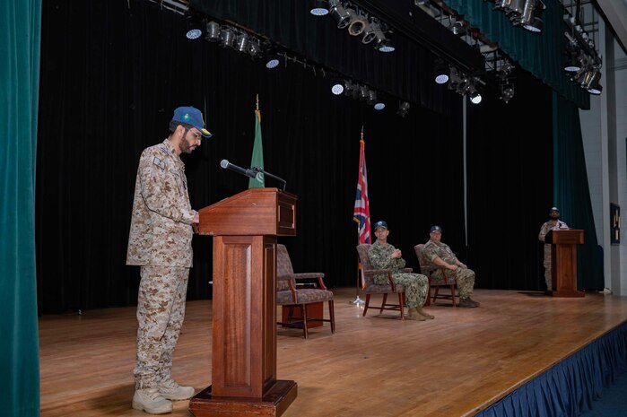 230118-N-EG592-1008 MANAMA, Bahrain (Jan. 18, 2023) Royal Saudi Naval Forces Rear Adm. Abdullah Al-Mutairi delivers remarks during a change of command ceremony, Jan. 18, in Manama, Bahrain. United Kingdom’s Royal Navy Capt. James Byron assumed command of Combined Task Force 150 which had been led by Al-Mutairi since July.