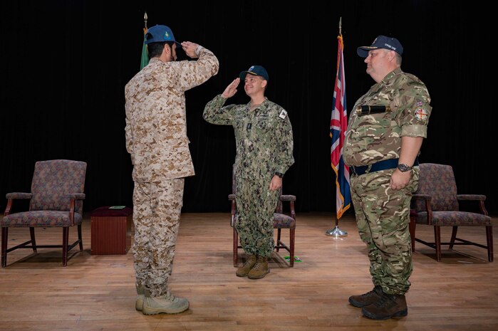 230118-N-EG592-1025 MANAMA, Bahrain (Jan. 18, 2023) Royal Saudi Naval Forces Rear Adm. Abdullah Al-Mutairi, left, salutes Vice Adm. Brad Cooper, commander of U.S. Naval Forces Central Command, U.S. 5th Fleet and Combined Maritime Forces, during a change of command ceremony, Jan. 18, in Manama, Bahrain. United Kingdom’s Royal Navy Capt. James Byron assumed command of Combined Task Force 150 which had been led by Al-Mutairi since July.