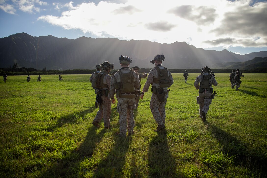 A group of Marines stand and kneel in a large field with mountains in the background.