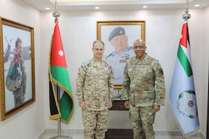 Royal Jordanian Air Force Commander Brig. Gen. Mohammad Hiyasat and U.S. Air Force Chief of Staff Gen. CQ Brown, Jr. and pose for a photo Jan. 8, 2023, at Marka Air Base, Jordan. Brown’s travel to Jordan reaffirmed the robust U.S.-Jordan security partnership. (Courtesy photo from the Royal Jordanian Air Force)