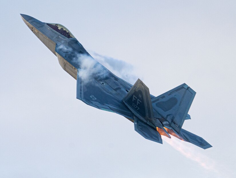 F-22 Raptor Demo team pilot flies during a practice flight