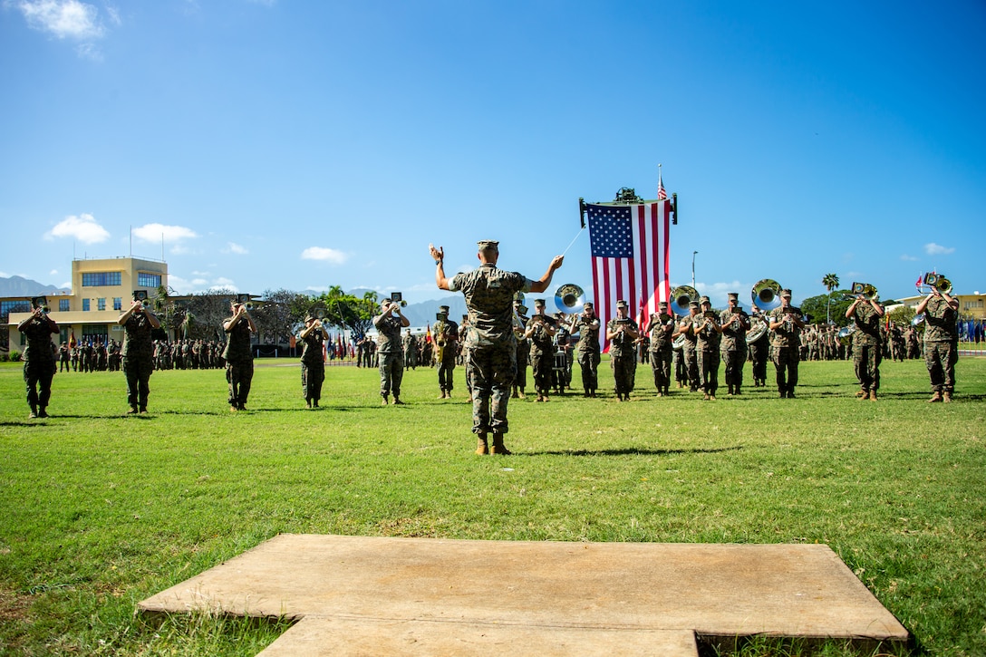 U.S. Marines with U.S. Marine Corps Forces, Pacific Band play before the deactivation ceremony of 3d Battalion, 3d Marines, 3d Marine Division on Marine Corps Base Hawaii, Jan. 13, 2023. The battalion is deactivating in accordance with Force Design 2030 as the Marine Corps