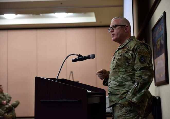U.S. Air Force Col. Jason Eckberg, 9th Reconnaissance Wing Vice Commander, delivers a speech at the Dr. Martin Luther King Jr. celebration on Beale Air Force Base, California, Jan. 13, 2023.
