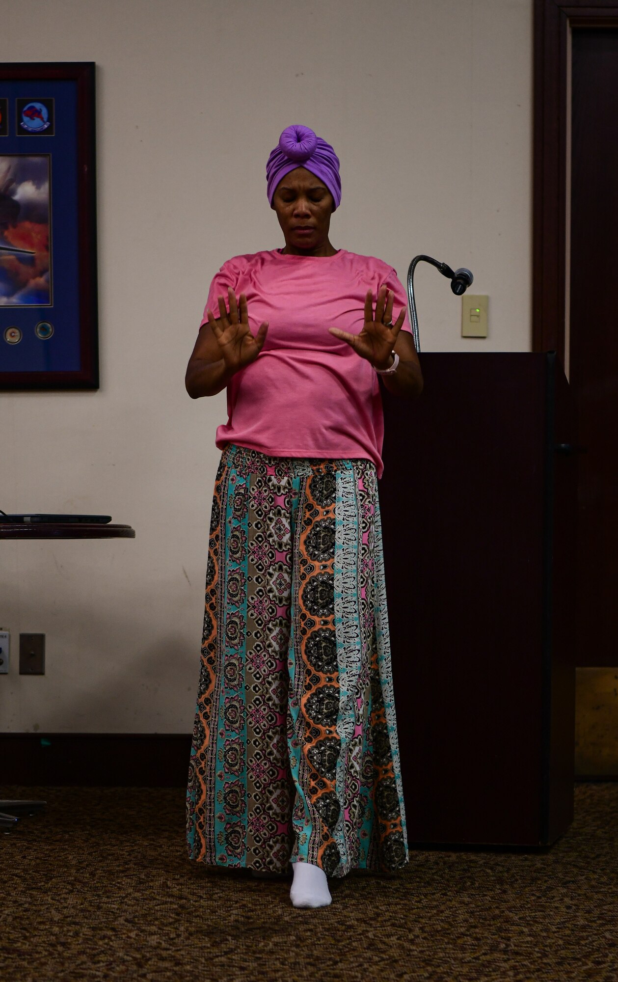 U.S. Air Force Tech. Sgt. Breona Calvert, 195th Intelligence Surveillance Reconnaissance Group personnel, performs a dance at the Recce Point Club on Beale Air Force Base on Jan 13, 2023