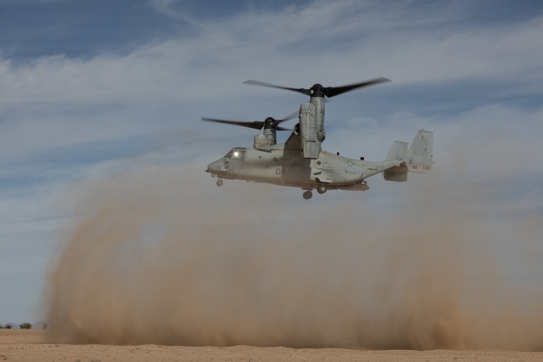 U.S. Marines with Marine Medium Tiltrotor Squadron (VMM) 261 conduct reduced-visibility landing training near Marine Corps Air Station Yuma, Arizona, Jan. 12, 2023. VMM-261 trained to support Marine ground units during Service Level Training Exercise 2-23, a series of exercises designed to prepare Marines for operations around the globe. VMM-261 is a subordinate unit of 2nd Marine Aircraft Wing, the aviation combat element of II Marine Expeditionary Force. (U.S. Marine Corps photo by Lance Cpl. Orlanys Diaz Figueroa)