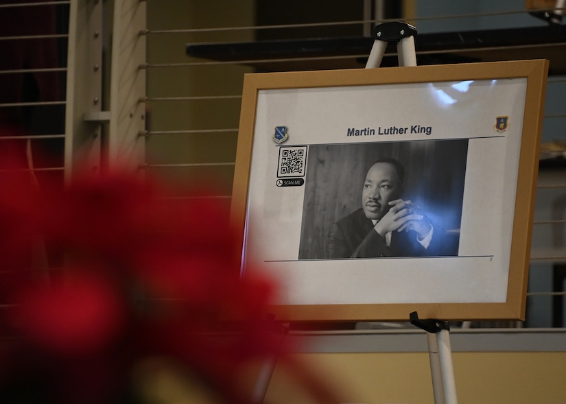 A picture of Dr. Martin Luther King Jr. is on display during the Remembering Dr. Martin Luther King Jr. Event at Joint Base Andrews, Md., Jan. 18, 2023. The event welcomed all JBA organizations as well as distinguished visitors such as Terri L. Freeman, Executive Director of the Reginald F. Lewis Museum of Maryland African American History and Culture. (U.S. Air Force photo by Airman 1st Class Austin Pate)