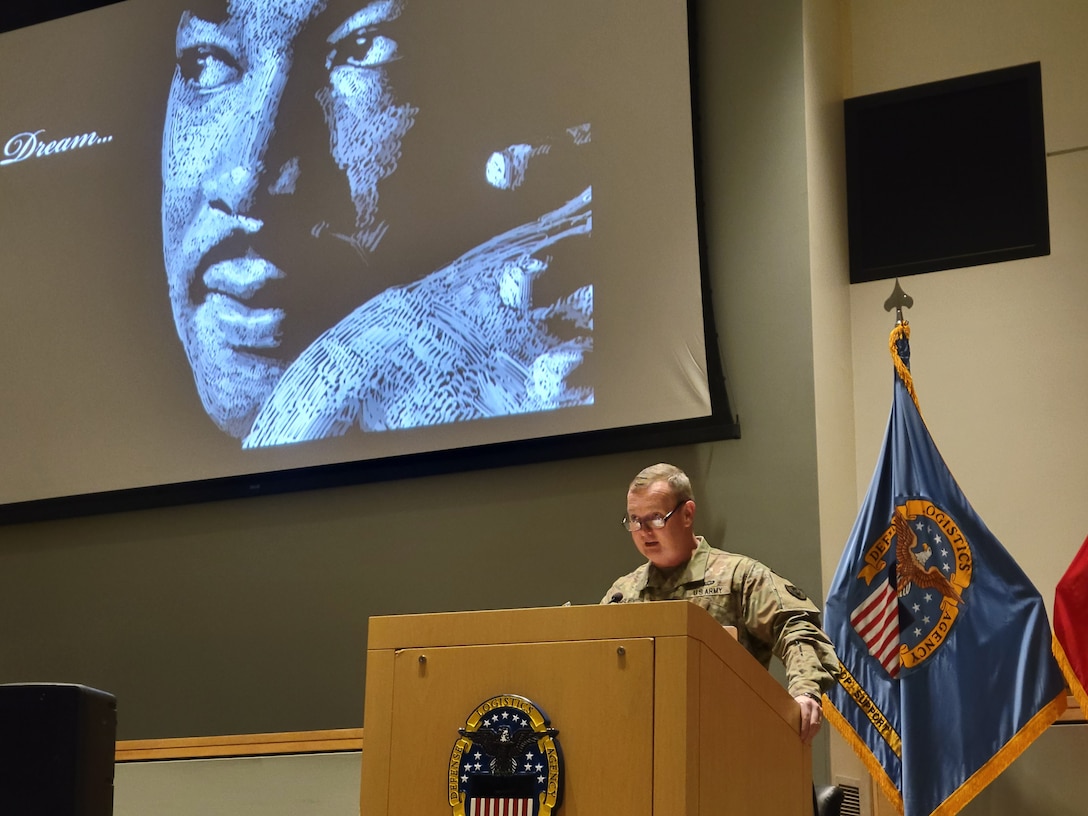 Brig. Gen. Eric Shirley, Defense Logistics Agency Troop Support commander, gives remarks on DLA Troop Support’s observation of Dr. Martin Luther King Jr.’s birthday, before “King’s Dream,” performance in Philadelphia on Jan. 17, 2023.  DLA Troop Support, located in Philadelphia, PA, is a Major Subordinate Command of the Defense Logistics Agency, with a global presence including offices in Europe & Africa and the Pacific regions.