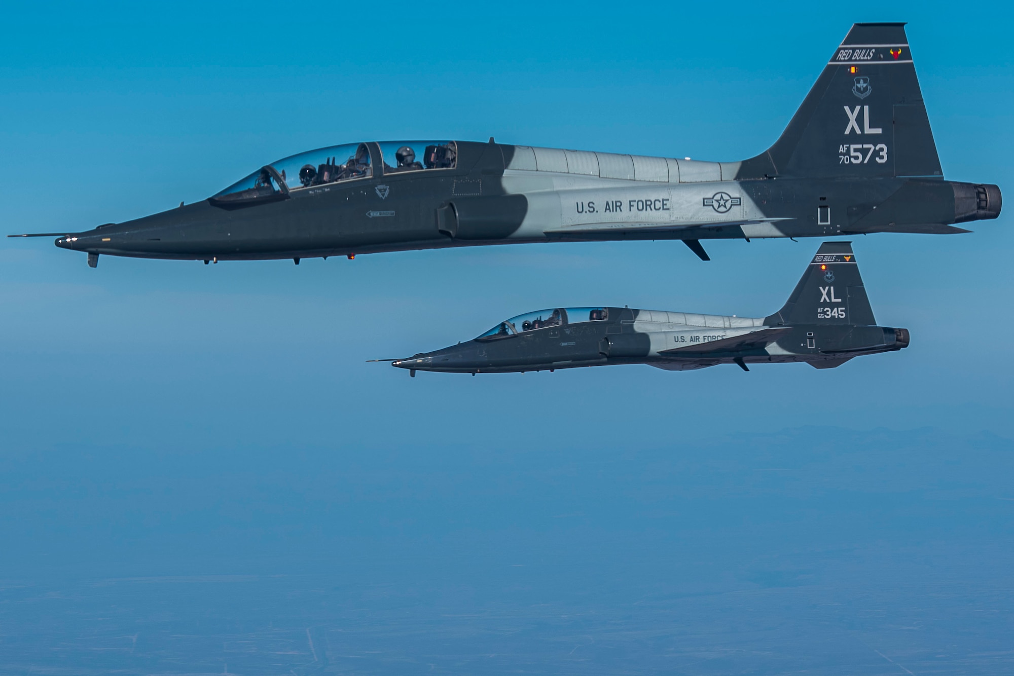 A standard training T-38 flight on Apr. 07, 2021 at Laughlin Air Force Base Texas. The T-38 is the standard aircraft for training pilots who are tracking in the fighter aircraft. (U.S. Air Force photo by Airman 1st Class David Phaff)