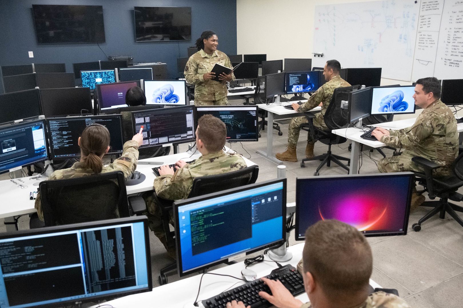 U.S. Air Force Capt. Ashley Oates, 275th Cyberspace Operations Squadron flight commander, briefs Airmen assigned to the 275th Cyberspace Operations Squadron at Warfield Air National Guard Base at Martin State Airport, Middle River, Md., Jan. 10, 2023. Oates leads a cyber protection team that was the first in the Air National Guard to certify on a live Department of Defense network.
