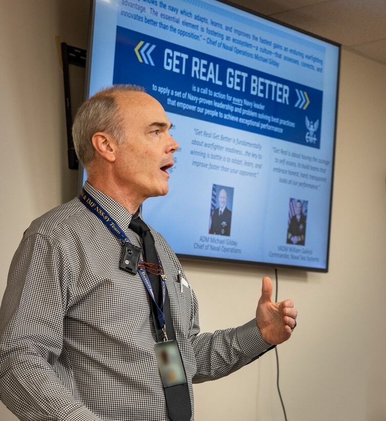 Members of PSNS & IMF’s Naval Civilian Manager’s Association hold a lunch and learn to dive into the mission of the Get Real, Get Better strategy Nov. 18, 2022. (U.S. Navy photo by Wendy Hallmark)