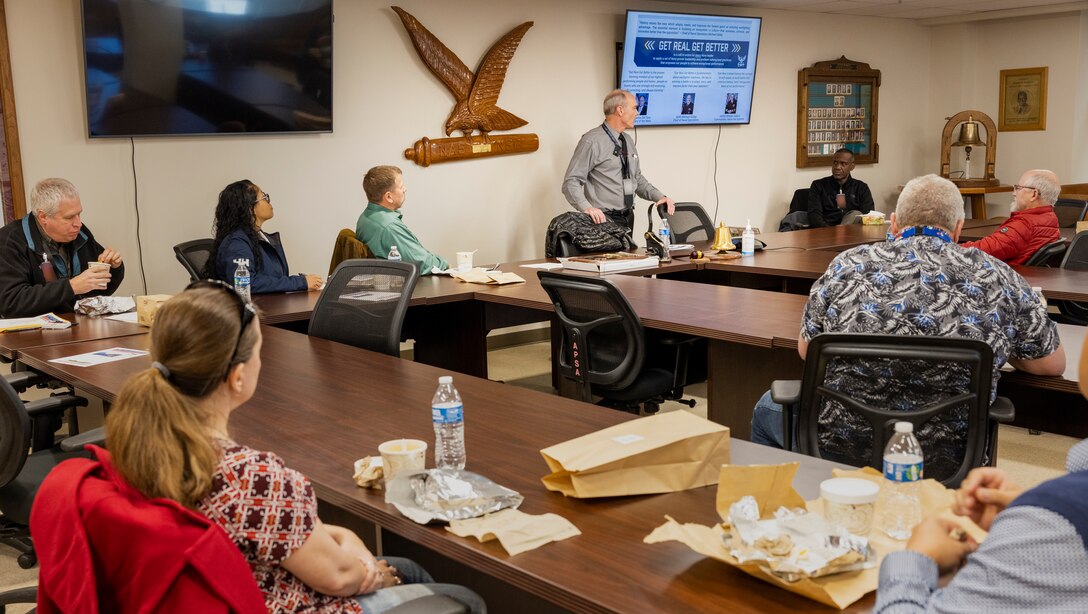 Members of PSNS & IMF’s Naval Civilian Manager’s Association hold a lunch and learn to dive into the mission of the Get Real, Get Better strategy Nov. 18, 2022. (U.S. Navy photo by Wendy Hallmark)