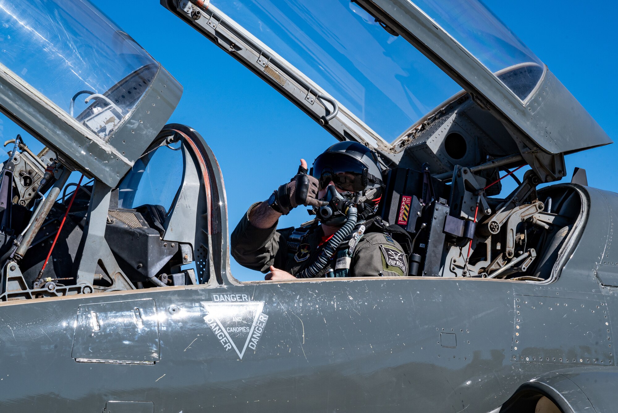 U.S. Air Force Capt. Garrett Green, 87th Flying Training Squadron instructor pilot, poses for a picture before taxiing in a T-38C Talon at Laughlin Air Force Base, Texas, on Jan. 13, 2023. The 47th Flying Training Wing’s mission to build combat-ready Airmen, leaders, and pilots. (U.S. Air Force photo by Senior Airman David Phaff)