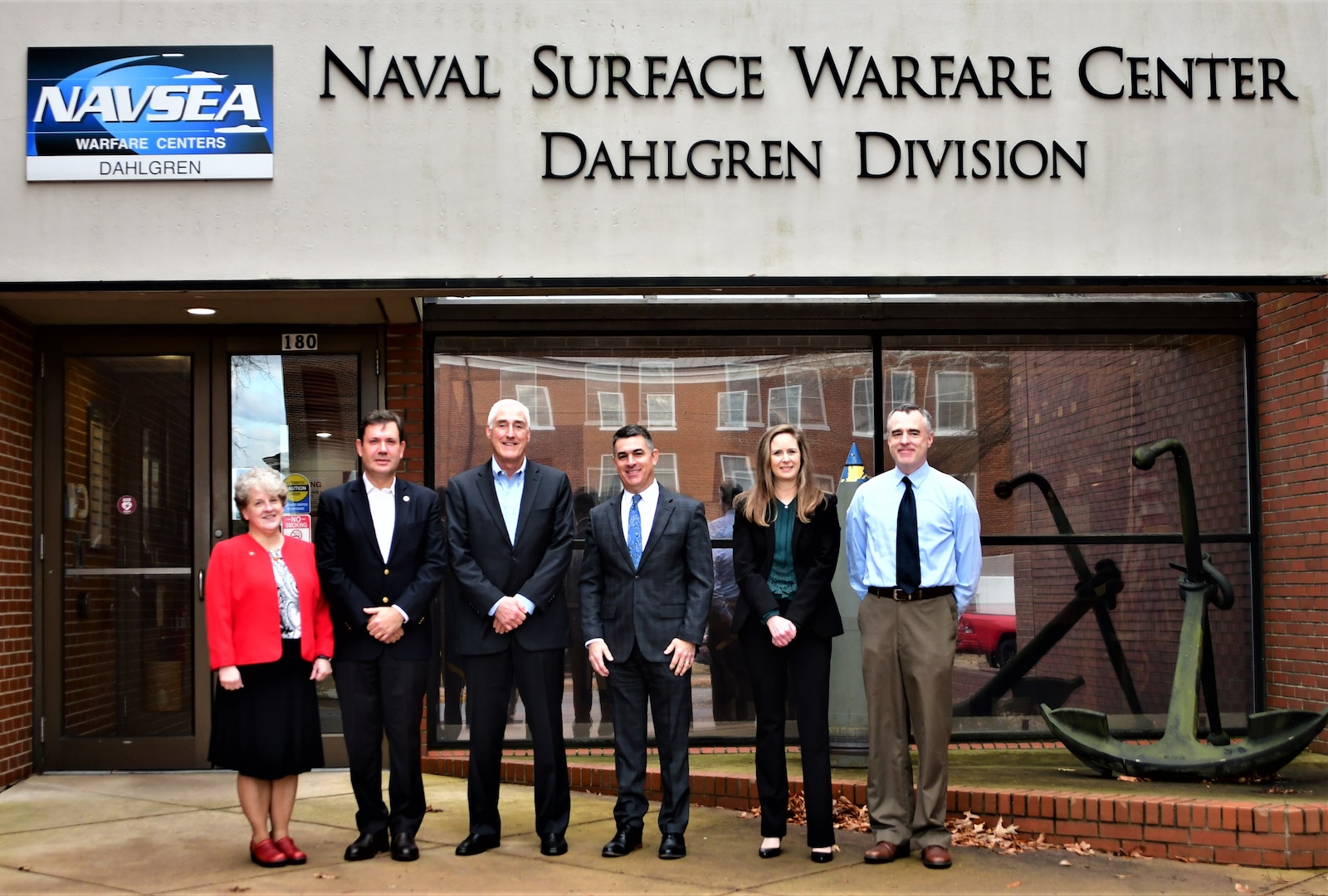 IMAGE: National Science Foundation (NSF) officials, Dr. Carol Bessel, Translation Impacts (TI) Division section head, Dr. Jesus Soriano-Molla, NSF Program Director, and Dr. Barry Johnson, TI Division Program Director, are greeted by Naval Surface Warfare Center Dahlgren Division (NSWCDD) Technical Director Dale Sisson, Jr., SES, Chief Technology Officer Jennifer Clift, SSTM, and Deputy Technical Director Darren Barnes, SSTM, for a tour of NSWCDD facilities and overview briefings Jan. 5.