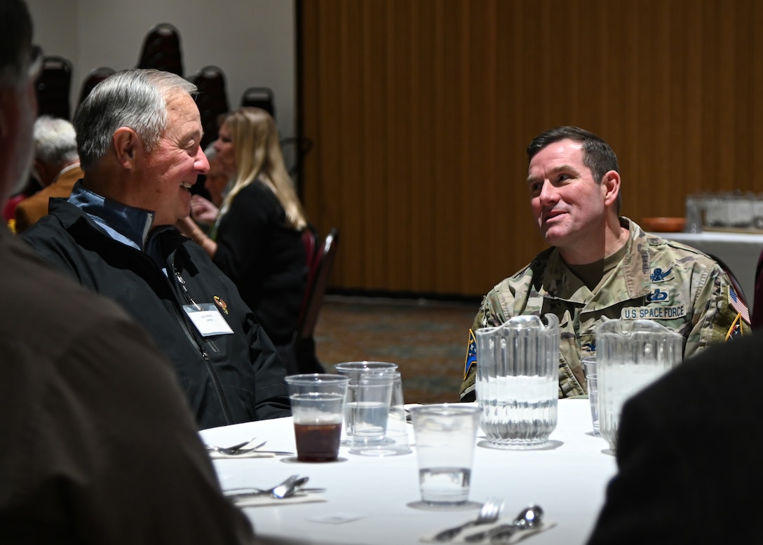 U.S. Space Force Col. Bryan Titus speaks with members of the Military Order of World Wars at the Elks Lodge in Goleta, Calif., January 18, 2022. As a guest speaker, Col. Titus spoke to the MOWW about his career in the Air Force and subsequent transfer into the Space Force. He also discussed Vandenberg's history, mission, and how vital the Space Force is to national security. (U.S. Space Force photo by Airman 1st Class Ryan Quijas)