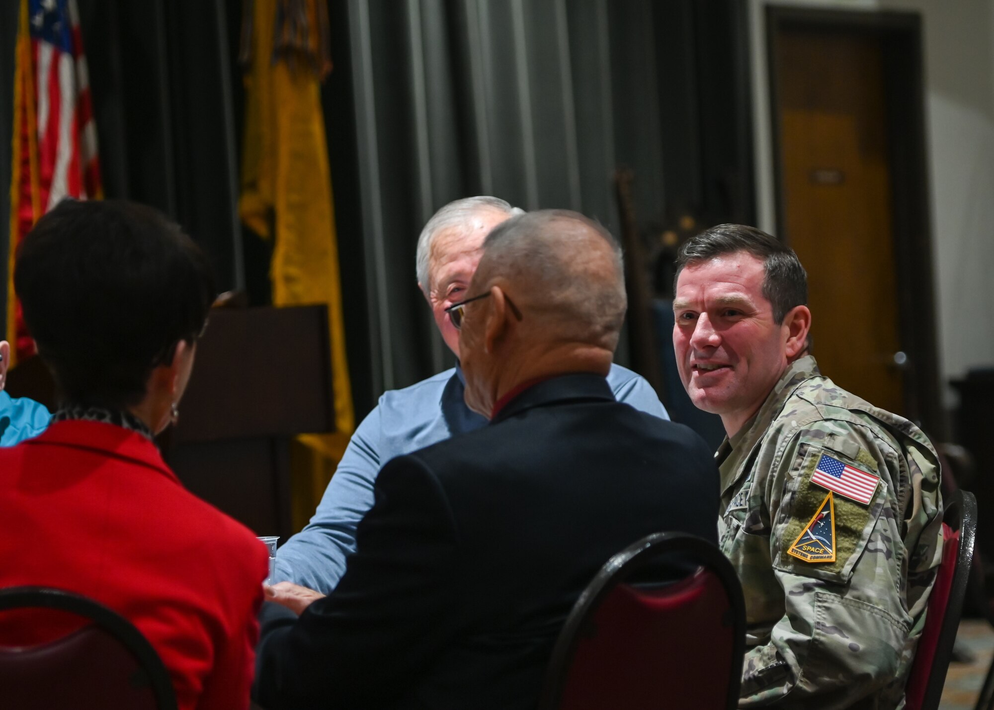 U.S. Space Force Col. Bryan Titus speaks with members of the Military Order of World Wars at the Elks Lodge in Goleta, Calif., January 18, 2022. As a guest speaker, Col. Titus spoke to the MOWW about his career in the Air Force and subsequent transfer into the Space Force. He also discussed Vandenberg's history, mission, and how vital the Space Force is to national security. (U.S. Space Force photo by Airman 1st Class Ryan Quijas)