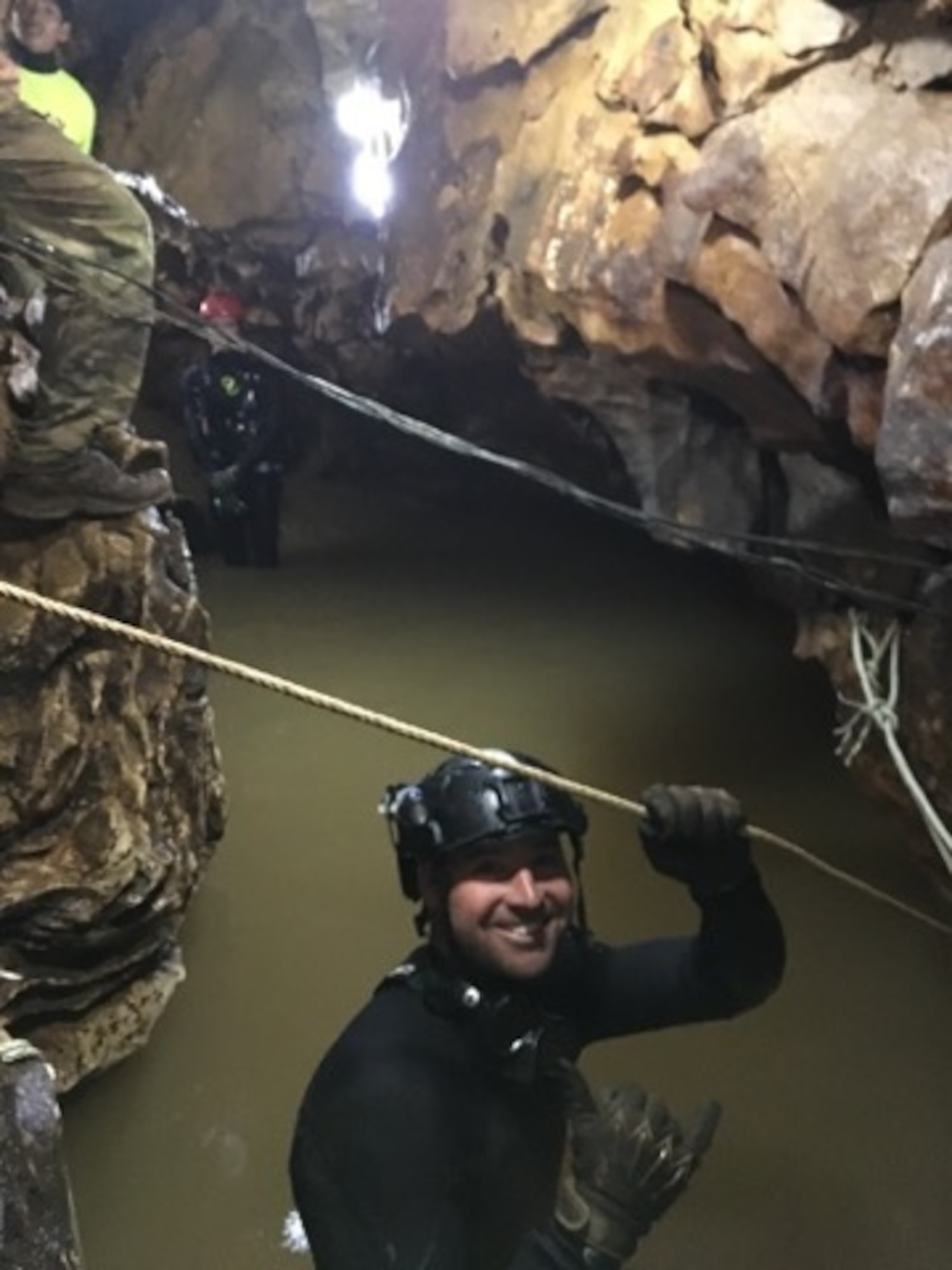 Courtesy photo from U.S. Air Force pararescueman, Tech Sgt Jamie Brisbin of the 106th Rescue Wing's 103rd Rescue Squadron who took part as a diver in the 2018 Thai Cave rescue pictured.