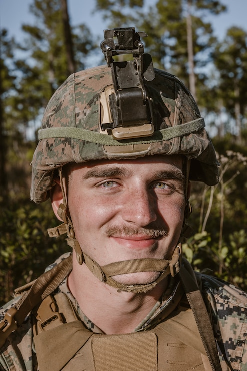 U.S. Marine Corps Pvt. Spencer Soodan, a Oak Park, Illinois, native and a rifleman with 2d Light Armored Reconnaissance Battalion, 2d Marine Division, poses for a photo during a scout course on Camp Lejeune, North Carolina, Jan. 10, 2023.
