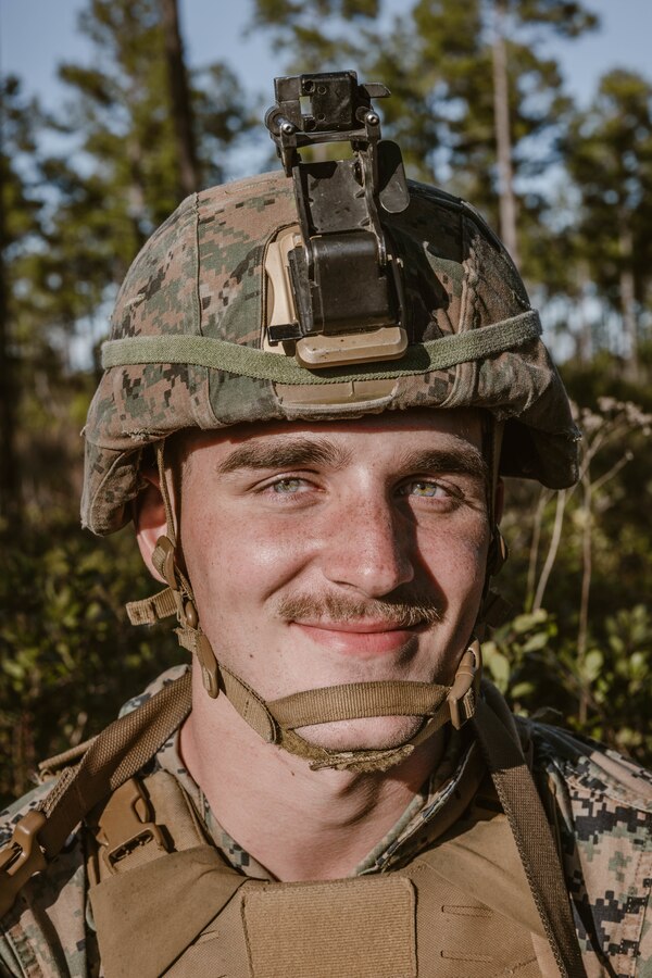 U.S. Marine Corps Pvt. Spencer Soodan, a Oak Park, Illinois, native and a rifleman with 2d Light Armored Reconnaissance Battalion, 2d Marine Division, poses for a photo during a scout course on Camp Lejeune, North Carolina, Jan. 10, 2023. “A big reason I joined the Marine Corps was because my dad was a Marine and I wanted to continue that legacy.” said Soodan. “It’s pretty insane because he was also in 2d Marine Division so being here and talking to him about it is surreal. It’s really cool to bring him back on base, have him show me his old stomping grounds and see how everything has changed.” The purpose of the scout course is to enhance lethality and increase long range weapon proficiency. (U.S. Marine Corps photo by Lance Cpl. Emma Gray)